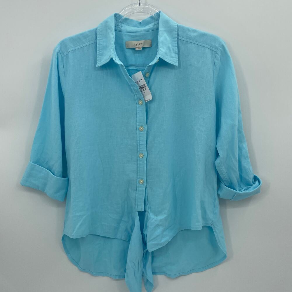 New LOFT Womens Linen Blend Button Down Shirt Size S Long Sleeve Sleeve Tie Hem